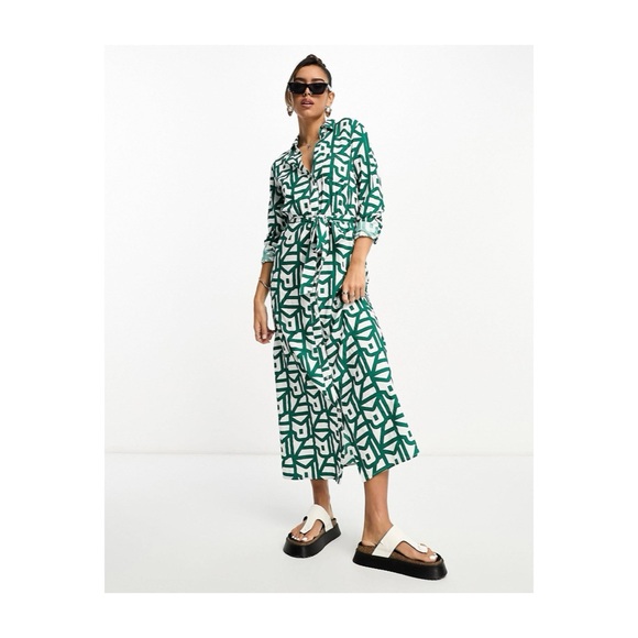 🆕 River Island Geo Printed Belted Shirt Dress in Green - Picture 2 of 5